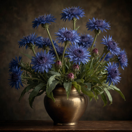 Still life with a bouquet of cornflowers in a brass jug. The strong blossoms unfold in multiple layers, while the dark background emphasizes the delicate structure of the petals.の素材