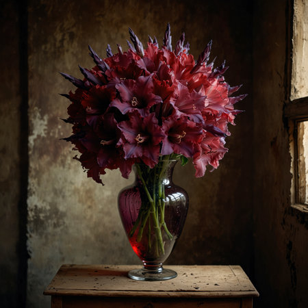 Still life with gladiolus in a red glass vase. The upright blossoms give the scene an expressive and elegant effect.の素材