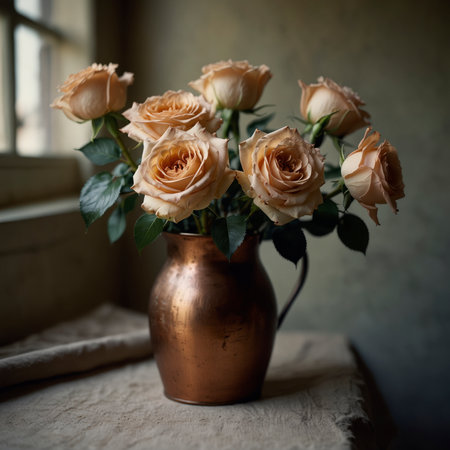 Still life with a bouquet of roses in a copper vase. The elegant blossoms unfold in full form, creating a calm and classic atmosphere.の素材