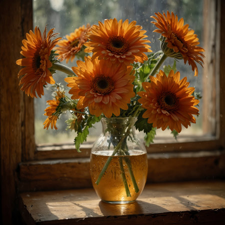 Still life with gerberas in a rounded glass vase on a wooden table. The bold blossoms give the scene a lively and decorative effect.の素材