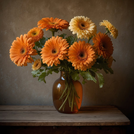 Still life with gerberas in a rounded glass vase on a wooden table. The bold blossoms give the scene a lively and decorative effect.の素材
