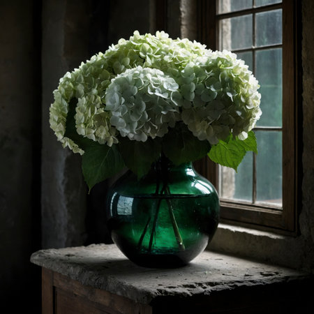 Still life with white hydrangeas in a green glass vase. The large, round blossoms give the arrangement a lush and elegant appearance.の素材