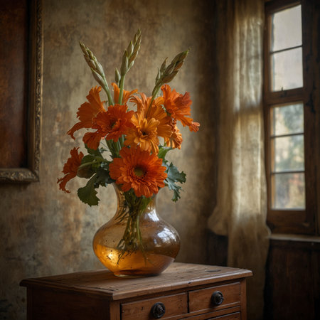 Still life with gerbera and gladiolus in a rounded glass vase on a wooden table. The combination of flowers unites bold blossoms with elegant, upright lines.の素材