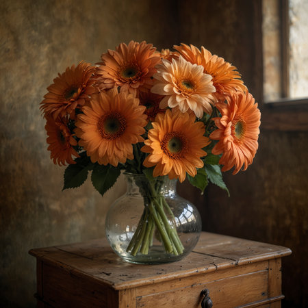 Still life with gerberas in a rounded glass vase on a wooden table. The bold blossoms give the scene a lively and decorative effect.の素材