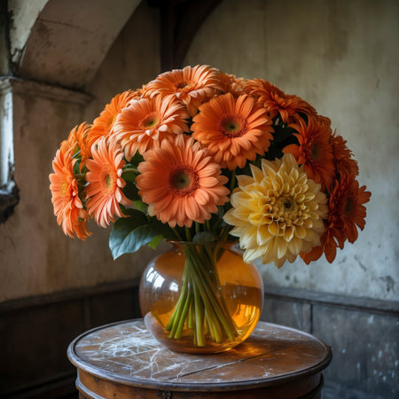 Still life with gerberas in a rounded glass vase on a wooden table. The bold blossoms give the scene a lively and decorative effect.の素材
