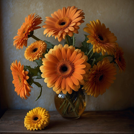 Still life with gerberas in a rounded glass vase on a wooden table. The bold blossoms give the scene a lively and decorative effect.の素材