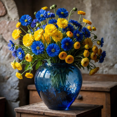 Still life with yellow ranunculus and blue cornflowers in a blue glass vase. The strong color contrast gives the arrangement a lively and expressive appearance.の素材