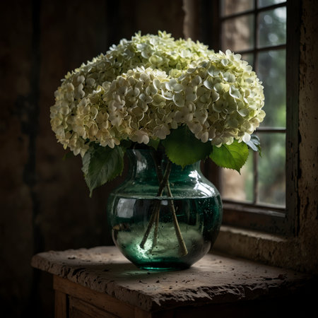 Still life with white hydrangeas in a green glass vase. The large, round blossoms give the arrangement a lush and elegant appearance.の素材