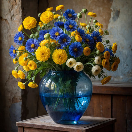 Still life with yellow ranunculus and blue cornflowers in a blue glass vase. The strong color contrast gives the arrangement a lively and expressive appearance.の素材
