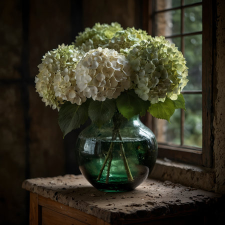 Still life with white hydrangeas in a green glass vase. The large, round blossoms give the arrangement a lush and elegant appearance.の素材