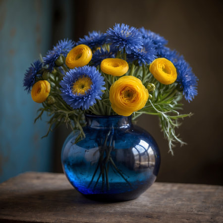 Still life with yellow ranunculus and blue cornflowers in a blue glass vase. The strong color contrast gives the arrangement a lively and expressive appearance.の素材