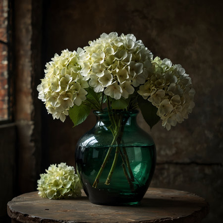 Still life with white hydrangeas in a green glass vase. The large, round blossoms give the arrangement a lush and elegant appearance.の素材