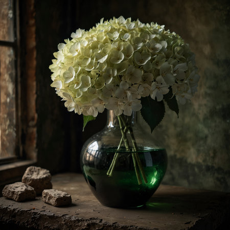 Still life with white hydrangeas in a green glass vase. The large, round blossoms give the arrangement a lush and elegant appearance.の素材