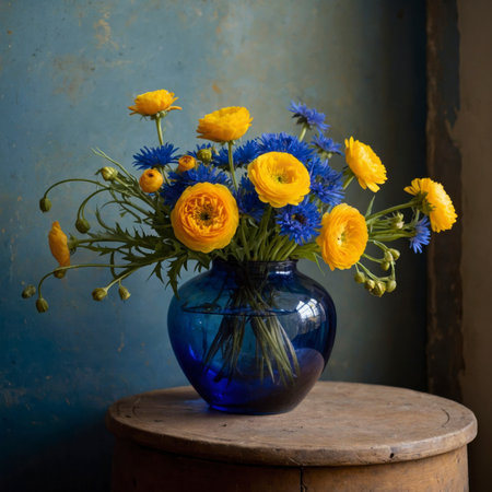 Still life with yellow ranunculus and blue cornflowers in a blue glass vase. The strong color contrast gives the arrangement a lively and expressive appearance.の素材