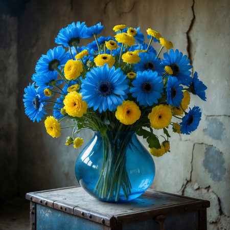 Still life with yellow ranunculus and blue cornflowers in a blue glass vase. The strong color contrast gives the arrangement a lively and expressive appearance.の素材
