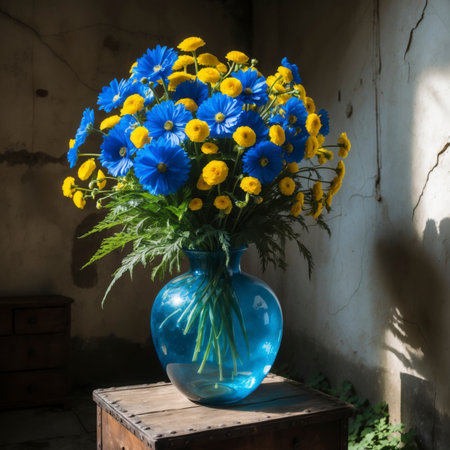 Still life with yellow ranunculus and blue cornflowers in a blue glass vase. The strong color contrast gives the arrangement a lively and expressive appearance.の素材