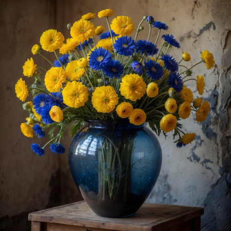 Still life with yellow ranunculus and blue cornflowers in a blue glass vase. The strong color contrast gives the arrangement a lively and expressive appearance.の素材