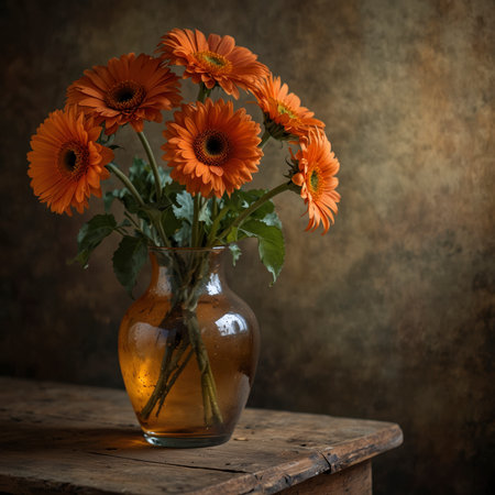 Still life with gerberas in a rounded glass vase on a wooden table. The bold blossoms give the scene a lively and decorative effect.の素材
