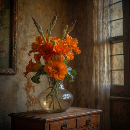 Still life with gerbera and gladiolus in a rounded glass vase on a wooden table. The combination of flowers unites bold blossoms with elegant, upright lines.の素材