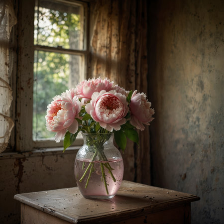Still life with pink and white peonies in a clear glass vase on a wooden table. The lush blossoms give the arrangement a romantic and elegant appearance.の素材