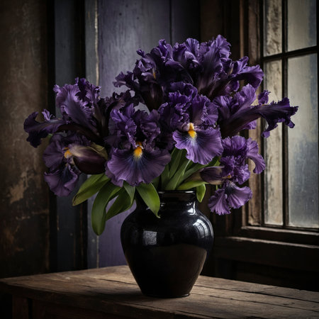 Still life with a lush bouquet of purple iris flowers in a dark vase on a wooden table. The strong contrasts give the arrangement an elegant and dramatic effect.の素材
