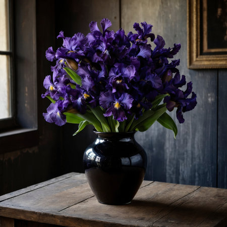 Still life with a lush bouquet of purple iris flowers in a dark vase on a wooden table. The strong contrasts give the arrangement an elegant and dramatic effect.の素材