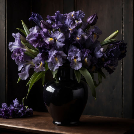 Still life with a lush bouquet of purple iris flowers in a dark vase on a wooden table. The strong contrasts give the arrangement an elegant and dramatic effect.の素材