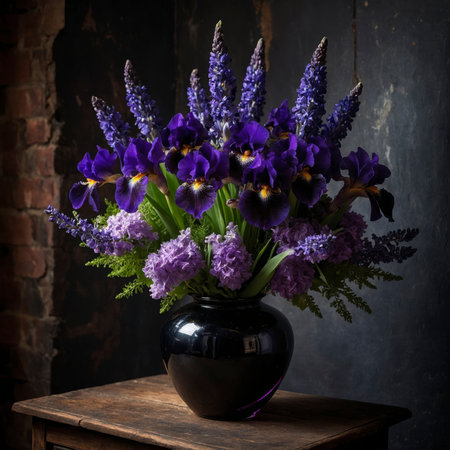 Still life with a lush bouquet of irises and lilacs in a dark vase on a wooden table. The purple blossoms stood out vividly against the dark background, creating an elegant and timeless atmosphere.の素材