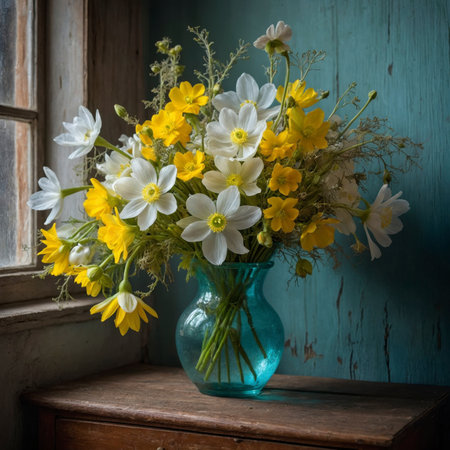 Flower arrangement with anemones, daisies and buttercups in a turquoise glass vase. The cheerful composition combines yellow, white and subtle blue tones in a bright, natural atmosphere.の素材