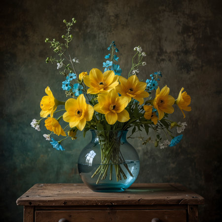 Flower arrangement with anemones, daisies and buttercups in a turquoise glass vase. The cheerful composition combines yellow, white and subtle blue tones in a bright, natural atmosphere.の素材