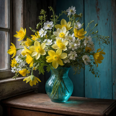 Flower arrangement with anemones, daisies and buttercups in a turquoise glass vase. The cheerful composition combines yellow, white and subtle blue tones in a bright, natural atmosphere.の素材