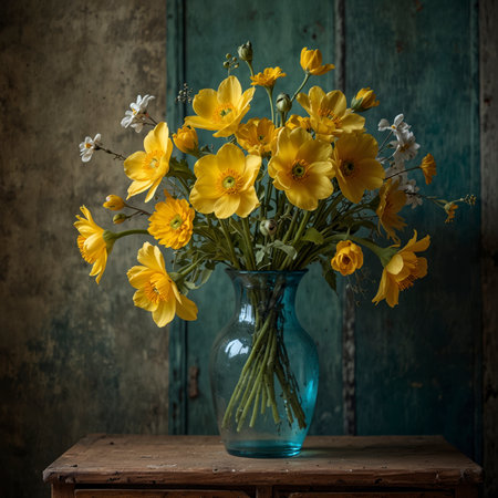 Flower arrangement with anemones, daisies and buttercups in a turquoise glass vase. The cheerful composition combines yellow, white and subtle blue tones in a bright, natural atmosphere.の素材