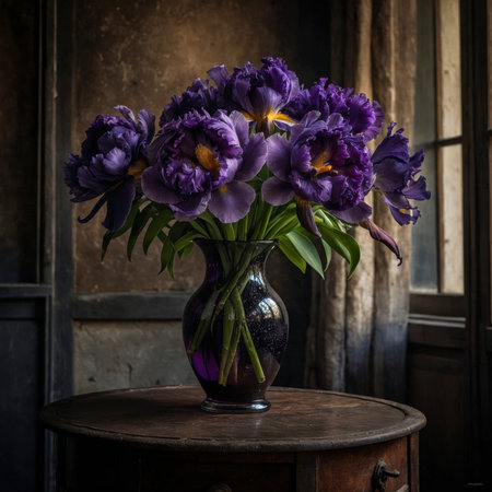 Still life with a lush bouquet of purple iris flowers in a dark vase on a wooden table. The strong contrasts give the arrangement an elegant and dramatic effect.の素材