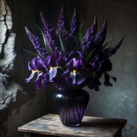 Still life with a lush bouquet of irises and lilacs in a dark vase on a wooden table. The purple blossoms stood out vividly against the dark background, creating an elegant and timeless atmosphere.の素材