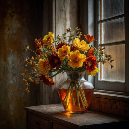 Flower arrangement with gerbera and coreopsis in a glass vase with amber-colored water, placed on a wooden table by the window. The strong colors create a warm, radiant effect in contrast to the subdued background.の素材