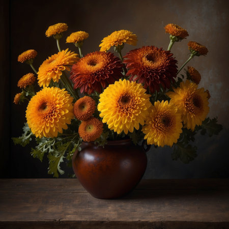 Flower arrangement with chrysanthemums in a vase on a rustic wooden table. The warm flower colors radiate strongly against the dark background.の素材