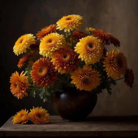 Flower arrangement with chrysanthemums in a vase on a rustic wooden table. The warm flower colors radiate strongly against the dark background.の素材