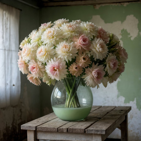 Flower arrangement with dahlias in delicate white and pink tones, placed in a light green vase on a rustic wooden table. A single blossom lies decoratively next to it.の素材