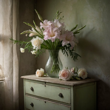 Elegant flower arrangement with gladiolus in delicate white and pink tones, displayed in a simple glass vase on a rustic wooden table. The tall stems give the composition a graceful appearance.の素材