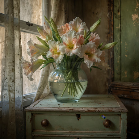 Elegant flower arrangement with gladiolus in delicate white and pink tones, displayed in a simple glass vase on a rustic wooden table. The tall stems give the composition a graceful appearance.の素材