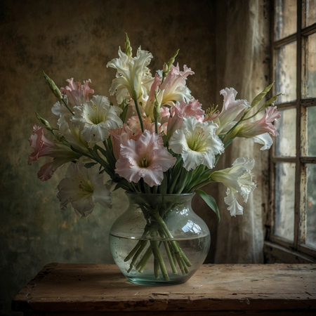 Elegant flower arrangement with gladiolus in delicate white and pink tones, displayed in a simple glass vase on a rustic wooden table. The tall stems give the composition a graceful appearance.の素材