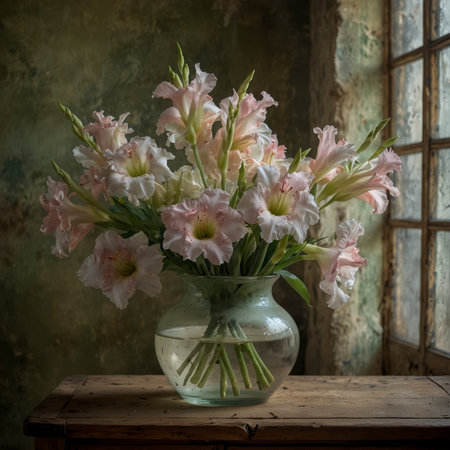 Elegant flower arrangement with gladiolus in delicate white and pink tones, displayed in a simple glass vase on a rustic wooden table. The tall stems give the composition a graceful appearance.の素材