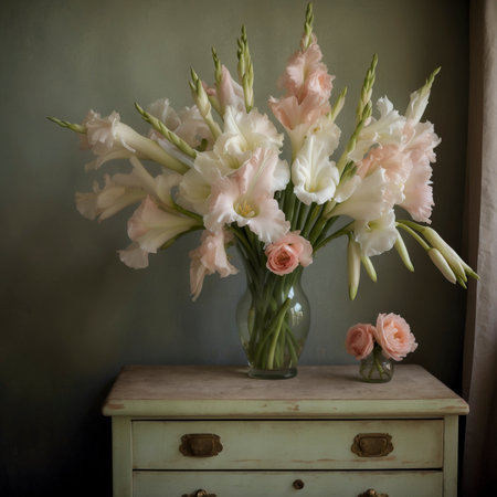 Elegant flower arrangement with gladiolus in delicate white and pink tones, displayed in a simple glass vase on a rustic wooden table. The tall stems give the composition a graceful appearance.の素材