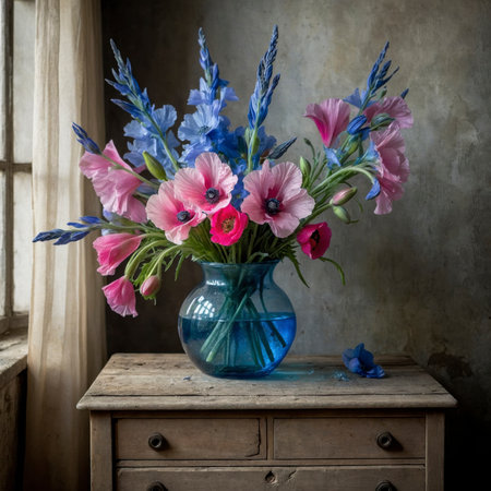 Flower arrangement with gladiolus and poppies, displayed in a tall glass vase filled with blue water. The mix of pink and blue creates a harmonious contrast, enhanced by the rustic backdrop of aged wooden panels.の素材