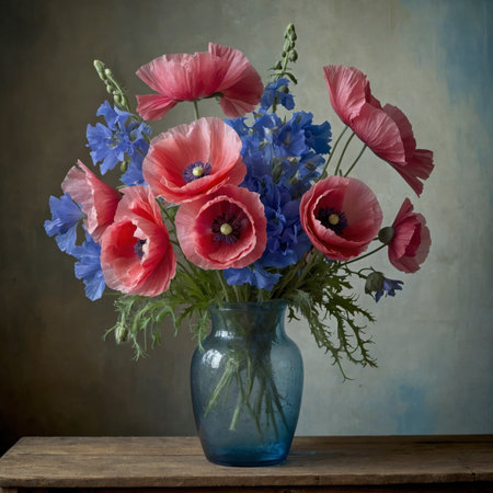Arrangement of poppies and delphinium in a clear glass vase. The combination of delicate pink poppies with deep blue flower spikes creates a striking color contrast, reminiscent of classical still life paintings.の素材