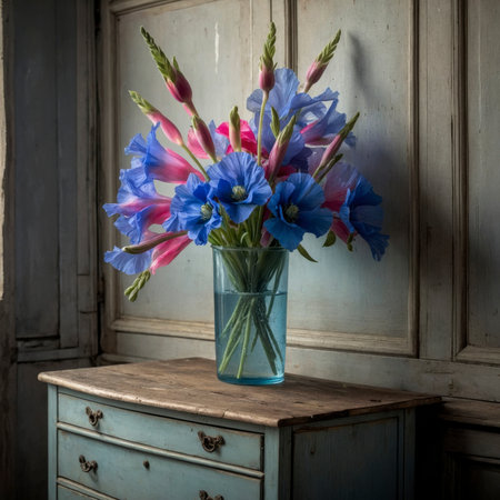 Flower arrangement with gladiolus and poppies, displayed in a tall glass vase filled with blue water. The mix of pink and blue creates a harmonious contrast, enhanced by the rustic backdrop of aged wooden panels.の素材