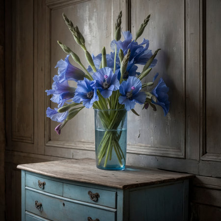 Flower arrangement with gladiolus and poppies, displayed in a tall glass vase filled with blue water. The mix of pink and blue creates a harmonious contrast, enhanced by the rustic backdrop of aged wooden panels.の素材