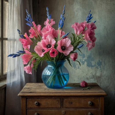 Flower arrangement with gladiolus and poppies, displayed in a tall glass vase filled with blue water. The mix of pink and blue creates a harmonious contrast, enhanced by the rustic backdrop of aged wooden panels.の素材