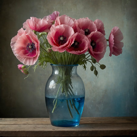 Arrangement of poppies and delphinium in a clear glass vase. The combination of delicate pink poppies with deep blue flower spikes creates a striking color contrast, reminiscent of classical still life paintings.の素材