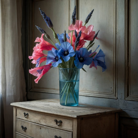 Flower arrangement with gladiolus and poppies, displayed in a tall glass vase filled with blue water. The mix of pink and blue creates a harmonious contrast, enhanced by the rustic backdrop of aged wooden panels.の素材